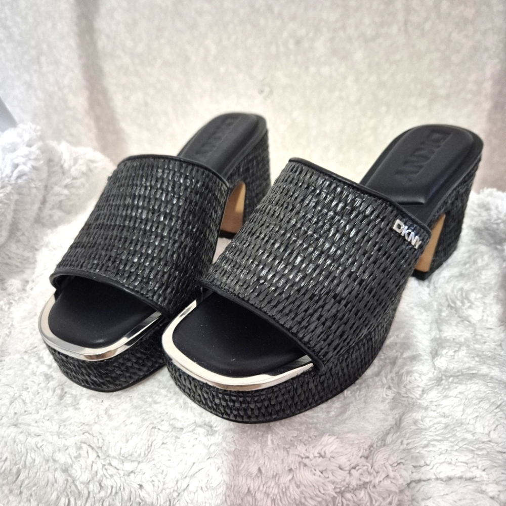DKNY Black Woven Women's -Slip-On espadrille Block Heel..SIZE:6.5